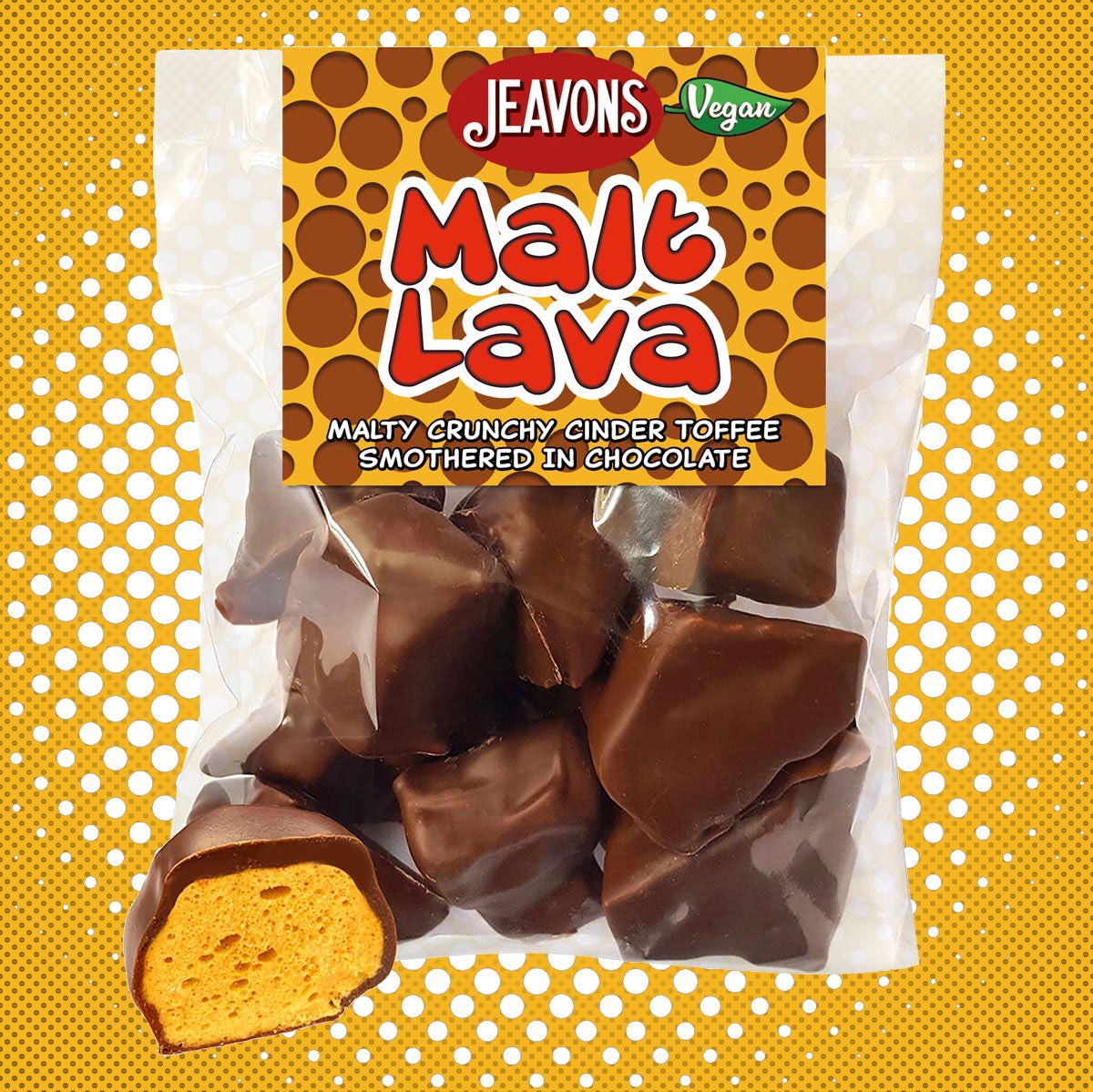 malt lava, malted honeycomb toffee in vegan alternative to milk chocolate