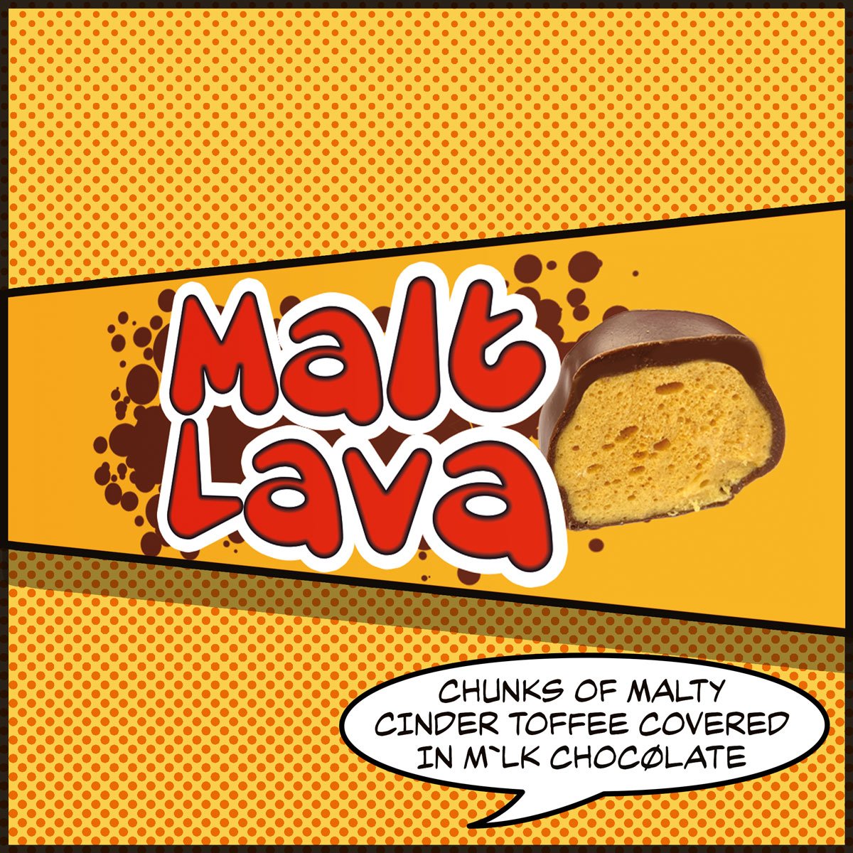 malt lava, malted honeycomb toffee in vegan alternative to milk chocolate