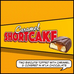 vegan shortcake biscuit and vegan caramel covered in vegan chocolate