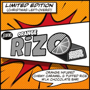 vegan chocolate candy bar with chewy vegan orange flavoured caramel and puffed rice