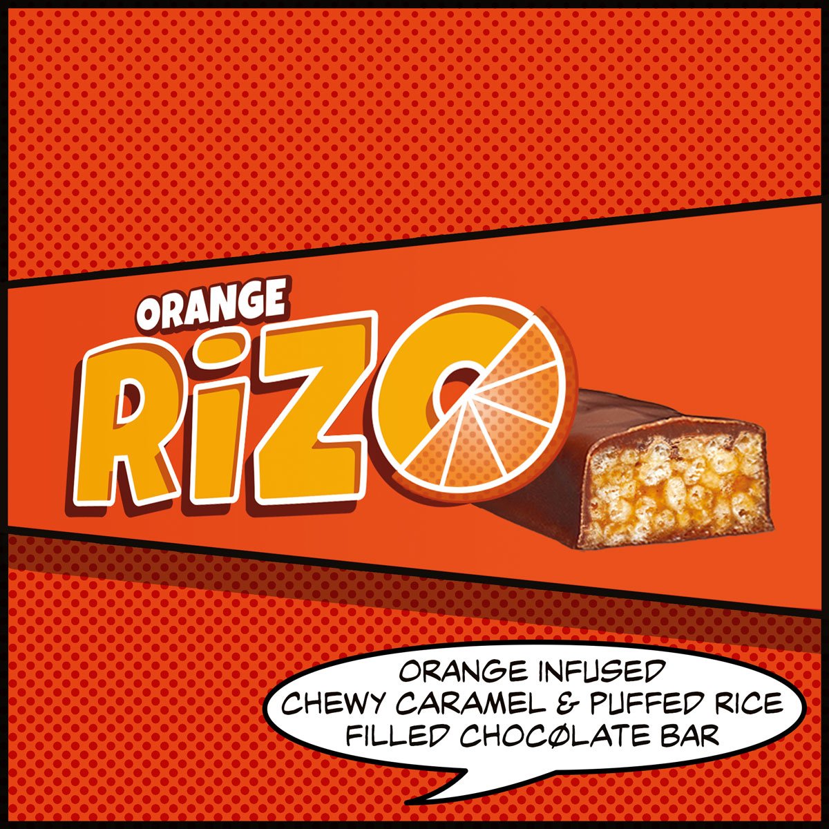 vegan chocolate candy bar with chewy vegan orange flavoured caramel and puffed rice