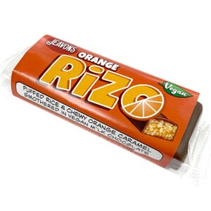 vegan chocolate candy bar with chewy orange flavoured caramel and puffed rice