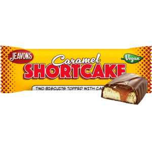 vegan shortcake biscuit and vegan caramel covered in vegan chocolate